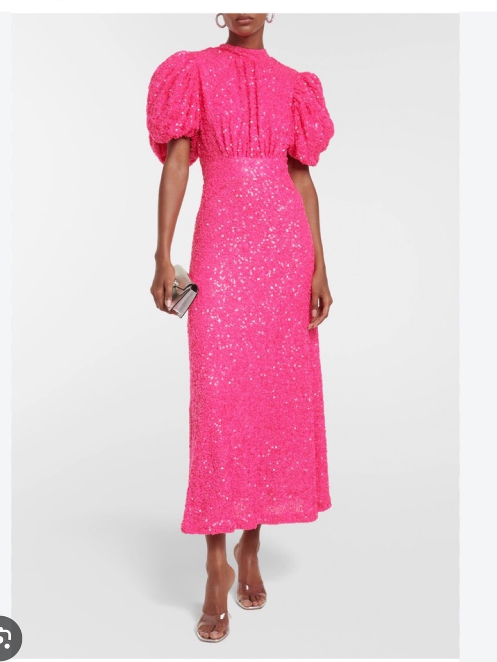 Hot Pink Sequin Maxi Dress with Puff Sleeves